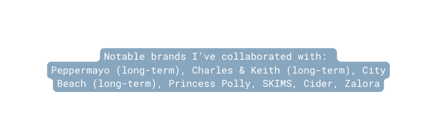 Notable brands I ve collaborated with Peppermayo long term Charles Keith long term City Beach long term Princess Polly SKIMS Cider Zalora